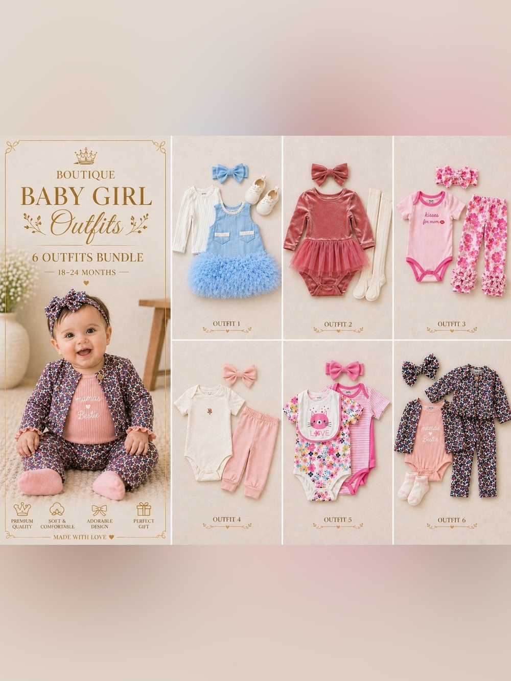 Boutique Baby Girl Bundle 6+ Outfits NWT Pink Floral Blue Sets Luxury Style